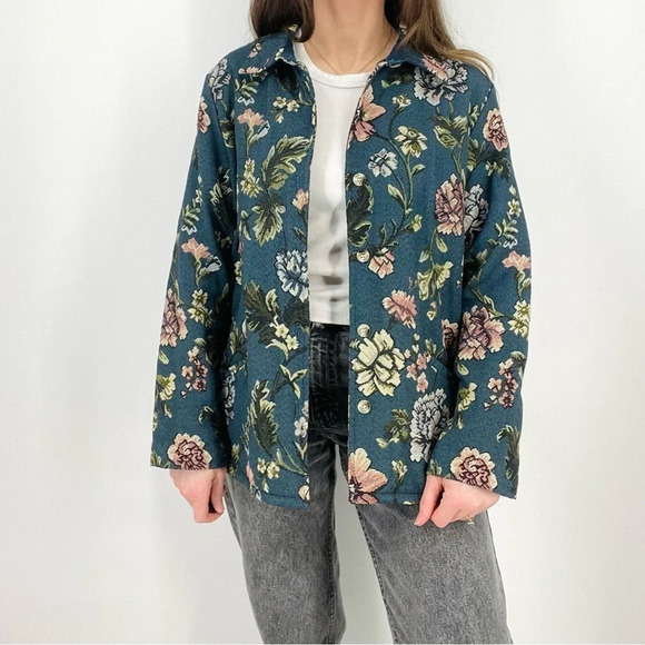 vintage spruce blue boho floral tapestry button down jacket size M - Picture 5 of 9